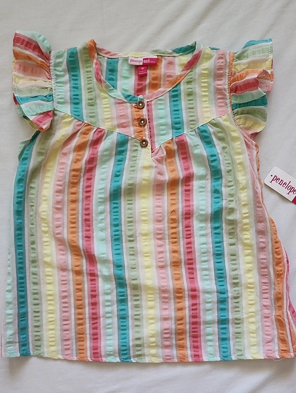 NWT Penelope Mack Girls Rainbow Striped Flutter Sleeve Top & Denim Shorts Set 10